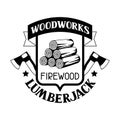 Woodworks label with firewood and axe. Emblem for forestry and lumber industry