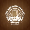 Sawmill label with wood stump and saw. Emblem for forestry and lumber industry