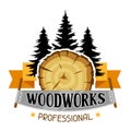 Woodworks label with wood stump and saw. Emblem for forestry and lumber industry