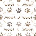 Woof text with paw print seamless pattern