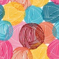 Wool balls, yarn skeins. Seamless pattern. Colorful background.