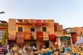 Wool and colored carpets in the market of Marrakech. Morocco