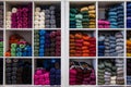 Wool, colorful sewings in a shelf Royalty Free Stock Photo