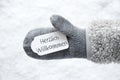 Wool Glove, Label, Snow, Herzlich Willkommen Means Welcome