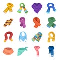 Wool, silk, polyester kinds of material for scarves and shawls.Scarves And Shawls set collection icons in cartoon style Royalty Free Stock Photo