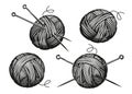 Wool skein, ball of yarn and needles. Knitting, crochet, knitwear symbol. Sketch vintage vector illustration