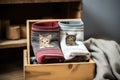 wool socks in a gift box with a cat peeking inside Royalty Free Stock Photo