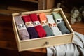 wool socks in a gift box with a cat peeking inside Royalty Free Stock Photo