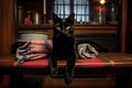 wool socks on a table with a black cat peeking from behind Royalty Free Stock Photo