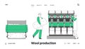 Wool Textile Industry Website Landing Page. Factory Workers in Uniform Standing Near Controlling Weaver Loom