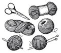 Wool yarn sketch. Handmade needlework design elements. Knitting tools set. Hand drawn vintage vector illustration