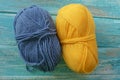 Wool yarns for knitting. Close-up Blue and yellow color.
