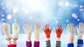 woolen children gloves and winter snow background