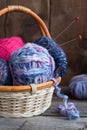 Woolen clews for knitting with knitting needles in a basket