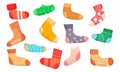 Woolen socks for feet icon set. Accessory cotton collection and cartoon clothes. Textile color garment and cute apparel. Knitted