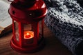 Woolen Sweater And A Lantern With A Candle. Cozy Autumn And Winter Concept