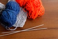 Woolen thread, knitting, knitting needles on wooden table Royalty Free Stock Photo