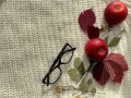 Woolen white background. Red apples on a wooden background