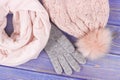 Woolen womanly gloves, cap and shawl for autumn or winter on old boards