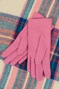 Woolen womanly pink gloves and colorful scarf, clothing for autumn or winter concept