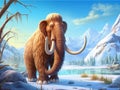 Woolly mammoth in a prehistoric winter landscape, cartoon illustration generated by AI