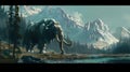 Woolly Mammoth in Sci-Fi Landscape Near Water and Mountains