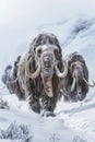 Woolly mammoths, prehistoric animals in frozen ice age landscape. Ice age megafauna Royalty Free Stock Photo