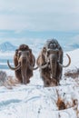 Woolly mammoths, prehistoric animals in frozen ice age landscape. Ice age megafauna