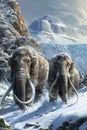 Woolly mammoths, prehistoric animals in frozen ice age landscape. Ice age megafauna