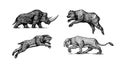 Woolly rhinoceros Cave bear and lion. Panthera Saber toothed tiger. Vintage animal. Retro Mammals. Hand drawn engraved
