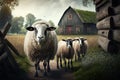 Woolly sheep on a farm. Ai generated