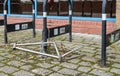 Bike frame left after all parts stolen from bicycle rack in London Royalty Free Stock Photo