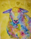 Wooly colourful sheep with gold background.