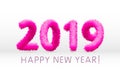 Wooly pink hairy shaggy wool 2019 Happy New Year. white background. Vector illustration art