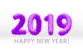 Wooly purple hairy shaggy wool 2019 Happy New Year. white background. Vector illustration art