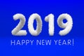 Wooly white hairy shaggy wool 2019 Happy New Year. blue background. Vector illustration art