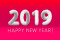 Wooly white hairy shaggy wool 2019 Happy New Year. pink background. Vector illustration art