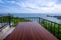 woooden table on sea view terrace on peak of islands Royalty Free Stock Photo