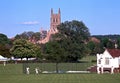 Worcester Cathedral and cricketers. Royalty Free Stock Photo