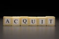The word ACQUIT written on wooden cubes isolated on a black background Royalty Free Stock Photo