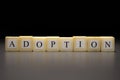 The word ADOPTION written on wooden cubes isolated on a black background Royalty Free Stock Photo