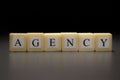 The word AGENCY written on wooden cubes isolated on a black background Royalty Free Stock Photo