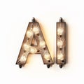 The word AI spelled out with glowing lightbulbs on bright background, ideas driven by AI.