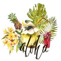 Word - Aloha. Composition with watercolor hand drawn tropical fruits, flowers, water and leaves. Background for food Royalty Free Stock Photo