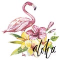 Word- Aloha. Flamingo with tropical flowers. Element for design of invitations, movie posters, fabrics and other objects