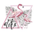 Word- Aloha. Flamingo with tropical flowers. Element for design of invitations, movie posters, fabrics and other objects