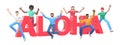The word aloha on a white background. Group of young multicultural happy people jump and dance together. Horizontal banner cartoon
