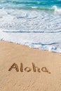 The word Aloha written in the sand on the beach Royalty Free Stock Photo