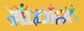 The word aloha on a yellow background. Group of young multicultural happy people jump and dance together. Horizontal banner