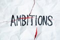 Word `ambitions` handwritten on crumpled torn paper, top view.